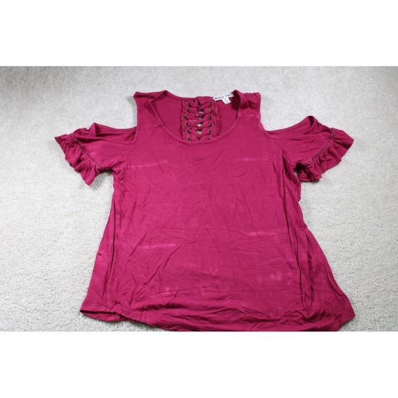 Moral Fiber Tops - Moral Fiber Shirt Womens‎ Medium Red Cold Shoulder Lace Up Boho Short Sleeve Top